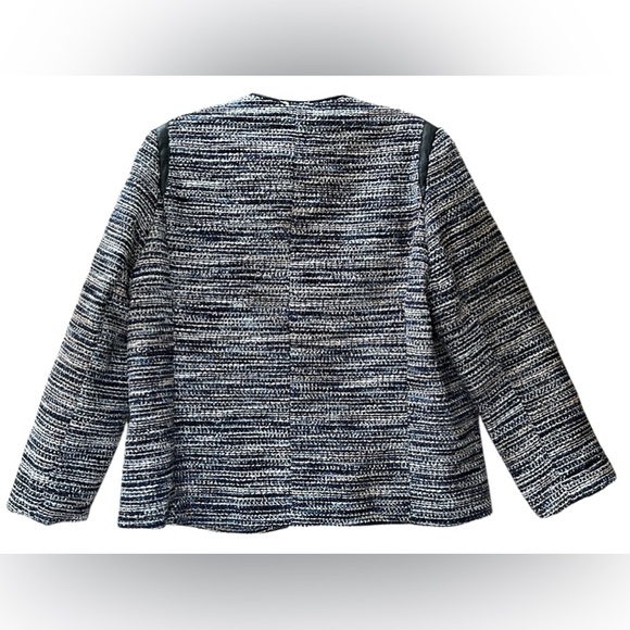Alfred Dunner Tweed Metallic Blue Jacket Open Front Faux Vegan Leather Size 12 - Picture 4 of 12